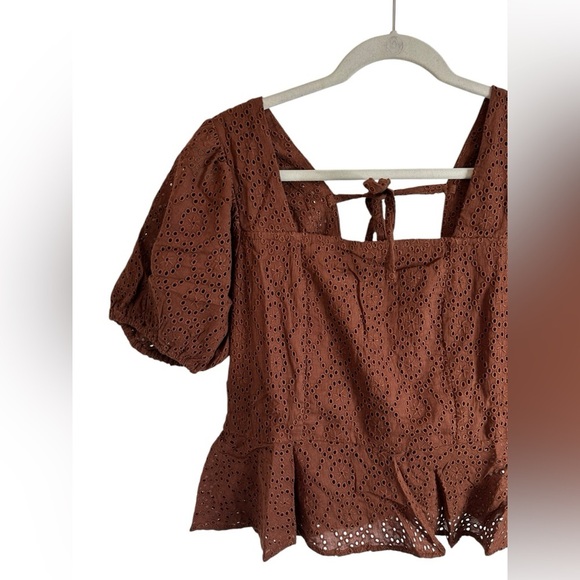 Band of the Free Brown Palmer Eyelet Boho Peplum Stretch Top Womens Sz Large NWT - Picture 13 of 13